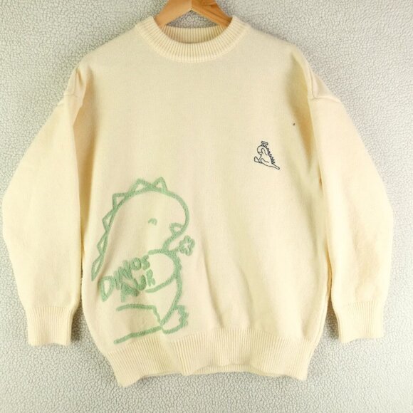 Cider Sweater Womens Small White Cream Baby Dinosaur Crew Oversized Pull Over - Picture 1 of 7